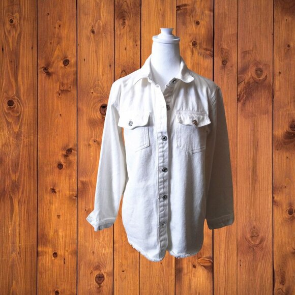 SHEIN Tops - Shein Women's XS Off White Button Front Collared Heavy Jean Shirt Raw Hem Pocket